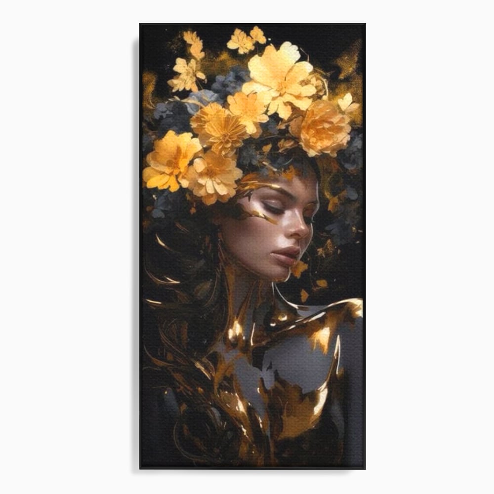 Tablou canvas cu tablou canvas cu portret de femeie aurita, in rama de aluminiu negru